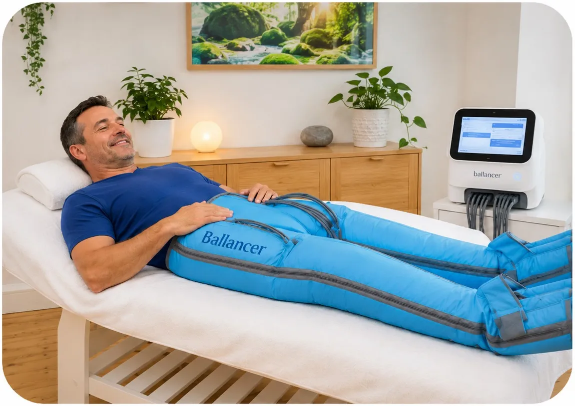 Ballancer® Lymphmassage — Patient mit Druckmanschetten bei Neuro Thera München