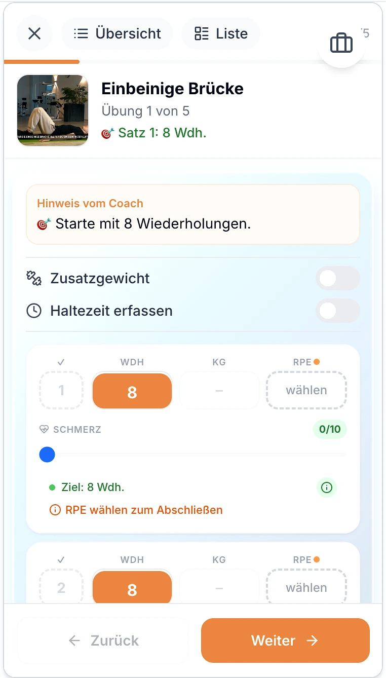 Neuro Thera Aktiv App — Übungsansicht mit Coach-Hinweis
