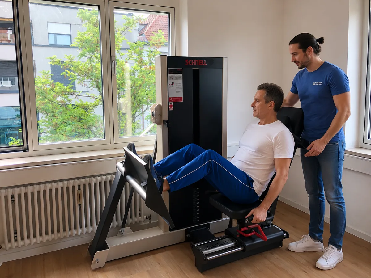 Krankengymnastik am Gerät bei Neuro Thera München — Geräteraum mit Woodway-Laufband